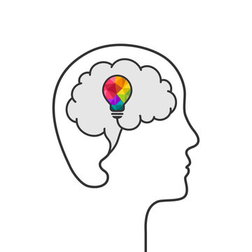 recommend clip art: Head silhouette of a person, brain outline and light bulb with colors as creative idea concept. Colorful lightbulb as creative thinking, human mind and creativity symbol. Vector illustration.