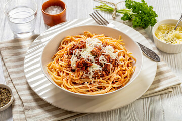 spaghetti al ragu alla Bolognese in white bowl