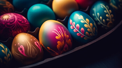 Wielkanocne ozdoby. Jajka wielkanoc. Kolorowe pisanki. Wiosenne ozdoby. Drewno tekstura. Generative AI - obrazy, fototapety, plakaty