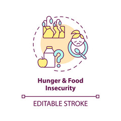 Hunger and food insecurity concept icon. Starvation. Social injustice example abstract idea thin line illustration. Isolated outline drawing. Editable stroke. Arial, Myriad Pro-Bold fonts used