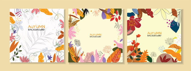 Fototapeta na wymiar Autumn foliage set hand drawn vector illustration. Abstract wallpaper botanical flowers, leaves, branch design for banner, prints, cover, fabric.