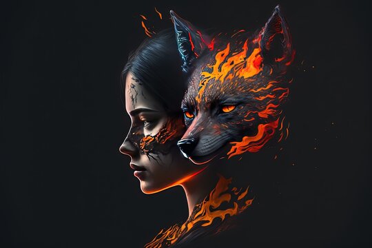 illustration of traditional Asian folklore mythology creature, nine-tailed fox, shapeshifting appearance to be other person or human form, modern art theme, Generative Ai