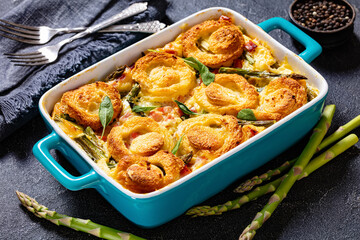 asparagus ham strata with sponge cake circles