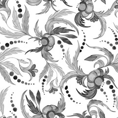 Abstract flowers and leaves in retro traditional folk style watercolor seamless pattern. Endless hand drawn background for wallpaper and fabric in black and white colors