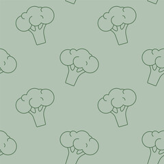 Seamless pattern with broccoli on a green background. Contours of vegetables in a flat style. Vector background.