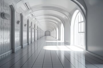 Beautifully Designed Hallway with Arched Windows and Tiled Floor. Generative AI