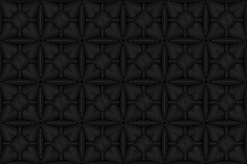 Embossed black background, ethnic cover design. Abstract fractal 3D drawing from lines and shapes, press paper, leather. Motives of the East, Asia, India, Mexico, Aztecs, Peru. Geometric style.