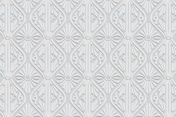 Embossed exotic white background, cover design. Geometric ethnic 3D pattern, press paper, leather. Fantasies of the East, Asia, India, Mexico, Aztecs, Peru. Dudling, boho, art deco, handmade style.