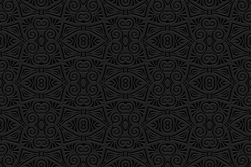 Embossed abstract black background, cover design. Geometric ethnic 3D pattern, press paper, leather. Fantasies of the East, Asia, India, Mexico, Aztecs, Peru. Dudling, boho, art deco, handmade style.