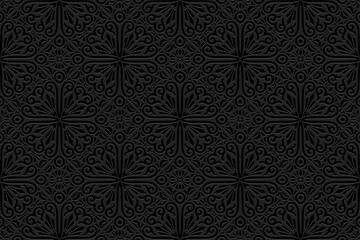 Fototapeta premium Embossed elegant black background, cover design. Geometric ethnic 3D pattern, press paper, leather. Fantasies of the East, Asia, India, Mexico, Aztecs, Peru. Dudling, boho, art deco, handmade style.