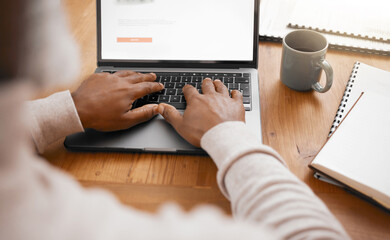 Business man, hands and laptop typing of a corporate worker with workplace notes for project....