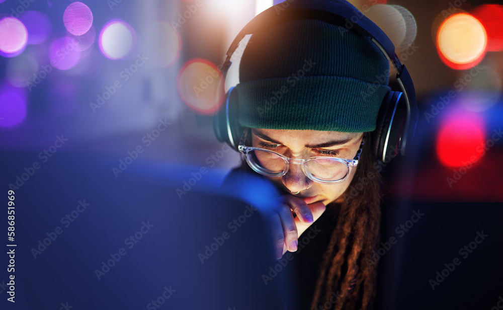 Poster Night, programmer thinking or woman hacker coding, phishing or cybersecurity technology online. Research ideas, serious or girl hacking for digital transformation on software, internet or website