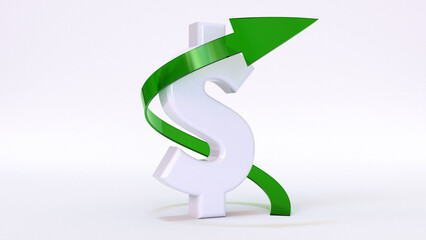 Obraz premium 3d render of a white dollar sign with a green growing up arrow on a white background. The financial concept of the growth of the dollar.