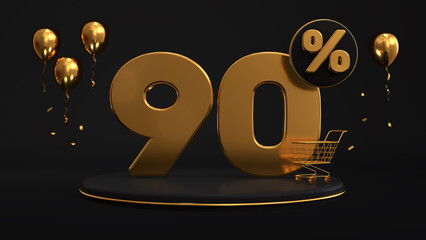 3d render large golden inscription 90 percent on a golden podium, stage. Surrounded by a supermarket cart, balloons and confetti.