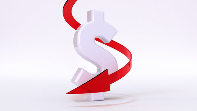 3D rendering of a white dollar sign with a red down arrow on a white background. The financial concept of the fall of the dollar, the catastrophe in the financial market.