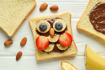 Tasty breakfast for kid - toast, top view