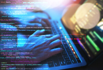 Person hands, laptop or coding in night office on typing iot website code or double exposure overlay. Information technology, double exposure or cybersecurity data hacker online on keyboard in dark