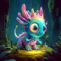 Cartoon monster in the forest. Super Cute little rainbow colored character. Funny dragon with big eyes. Fantasy. 3D vector. Image. Digital painting. Illustration for children's design.