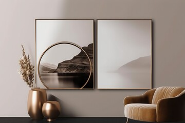 minimalist futuristic modern brown golden Frame Mockup on living room with Generative AI technology