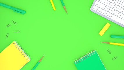 Minimal workspace - creative desktop. Top view of an office desk with a keyboard and office supplies on a pastel green background. Top view with copy space, flat lay. 3d rendering.