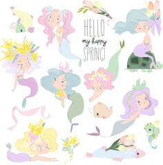 Vector Cartoon Set with Cute Mermaids and Spring Flowers
