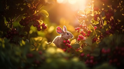 cute wild rabbit hind behind berry bush , Generative Ai - obrazy, fototapety, plakaty