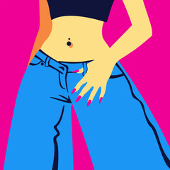 Obraz na płótnie Canvas Part of the female body. Nostalgia for the fashion of the 90s 00s. Low-rise jeans, navel piercing, bright manicures, long nails. Vector illustration