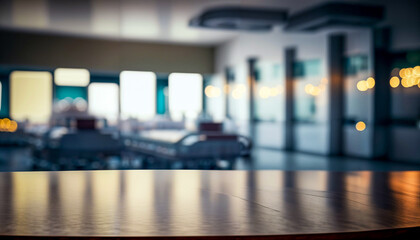 Table. A hospital can be seen blurred in the background. Ideal for products as a presentation.