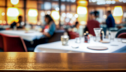 An empty wooden table with a bar / restaurant in the background. Ideal for product presentation. Mockup. Space for text. 