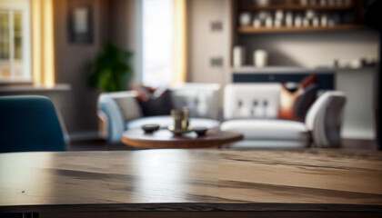 An empty wooden table in the background shows a flat or living room. Ideal for product presentation. Mockup. Space for text. - obrazy, fototapety, plakaty