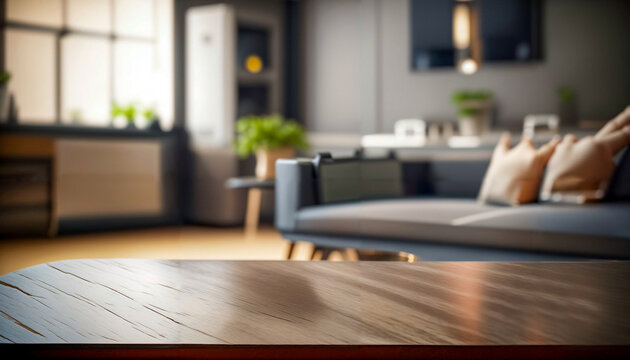 An empty wooden table in the background shows a flat or living room. Ideal for product presentation. Mockup. Space for text.