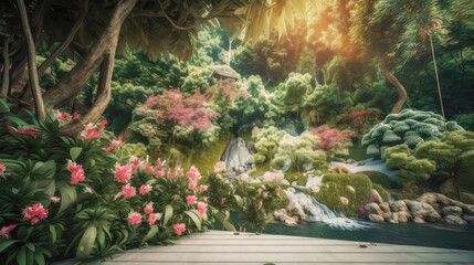 Natural garden landscape,stream, lush rich foliage flowers.Use for product presentation and banner.Generative AI