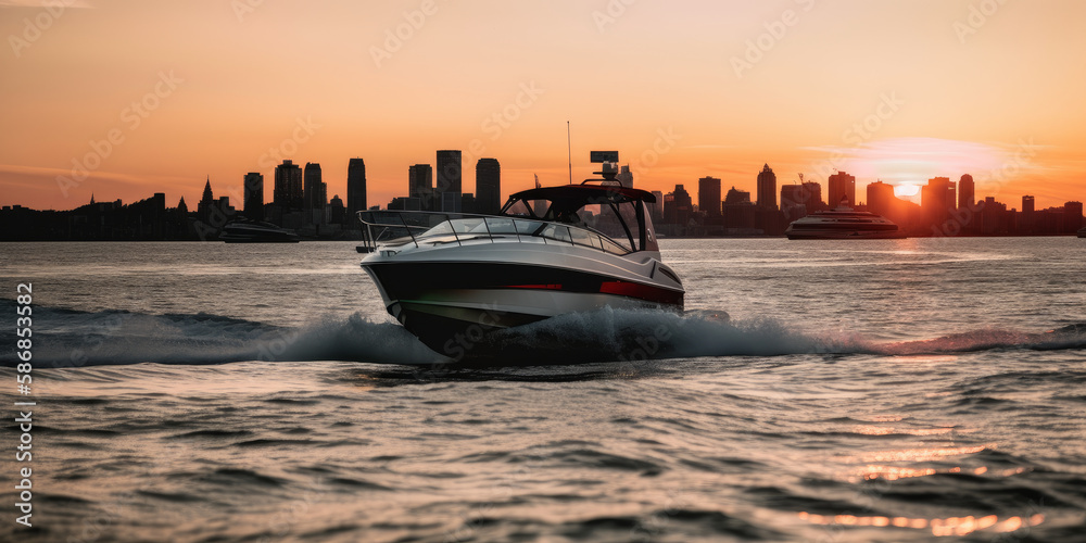 Wall mural Modern fast boat sailing in bay with a city at sunset as background. Generative AI