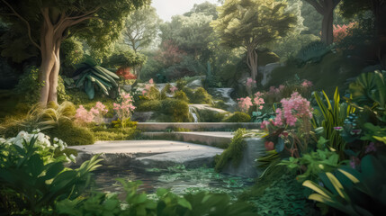 Fototapeta premium Natural garden landscape,stream, lush rich foliage flowers.Use for product presentation and banner.Generative AI