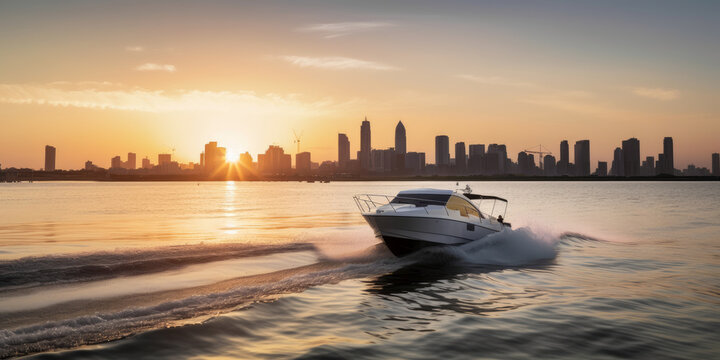 Modern fast boat sailing in bay with a city at sunset as background. Generative AI