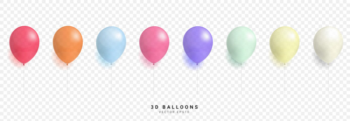 Set of pastel colors balloon with rope. 3d realistic vector illustration