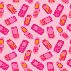 Pink retro seamless pattern of 80s-90s mobile phones. Vector illustration