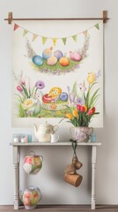 A heartwarming, rustic Easter background with vibrant tulips, quail eggs, and decorations, perfect for greeting cards, invitations, or holiday decor celebrating spring