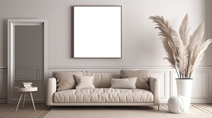 mock-up wall decor frame is hanging in cozy minimalism living room with comfort sofa, Generative Ai