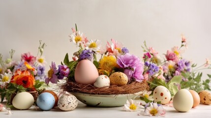 Naklejka na ściany i meble A heartwarming, rustic Easter background with vibrant tulips, quail eggs, and decorations, perfect for greeting cards, invitations, or holiday decor celebrating spring
