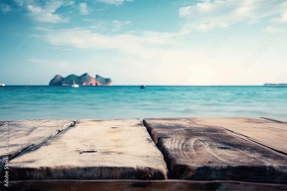 Wall mural beachside wooden table with a scenic ocean view. Generative AI