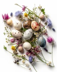 Obraz premium Easter composition of Easter quail eggs, flowers, paper blank over white background. Spring holidays concept with copy space. Overhead shot