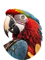 Obraz premium a summer-themed macro up-close photographic illustration of a red, green, and orange macaw parrot with flowers and leaves on a transparent background in PNG. T-shirt Design. Generative AI