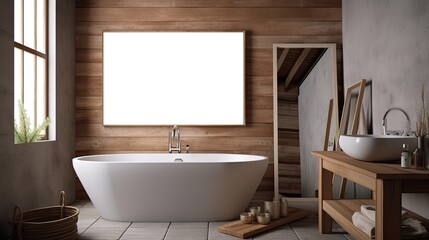 Obraz na płótnie Canvas bathroom home decor, white blank frame on wooden wall for your message or picture, Generative Ai