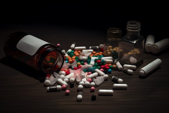 Drugs and pills on the dark table. Drugs illegal. Drug addiction concept. Drug abuse. Generative AI