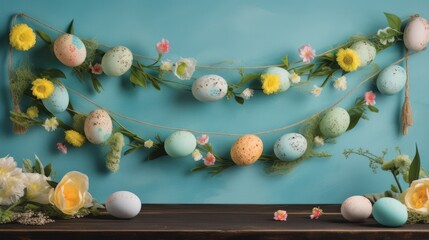 Obraz premium Banner of Easter quail eggs, and flowers over blue background. Spring holidays concept with copy space. Top view