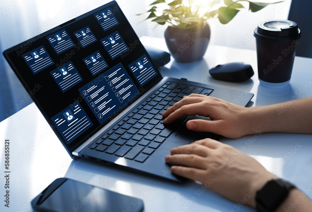 Poster Employees must complete the online survey form, answer the test questions. Marked checklist on a clipboard.Human resources and management concept. 