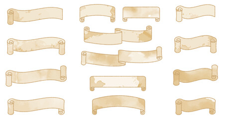 羊皮紙風の巻物、ロール、リボンフレームイラスト素材セット