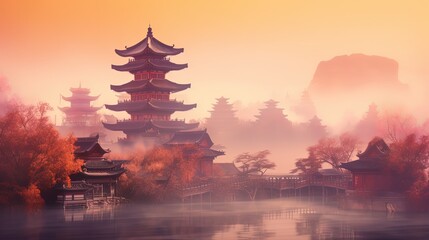 beautiful scenery in morning time of Asian ancient palace in spring time with cherry blossom tree and mountain as background Generative Ai