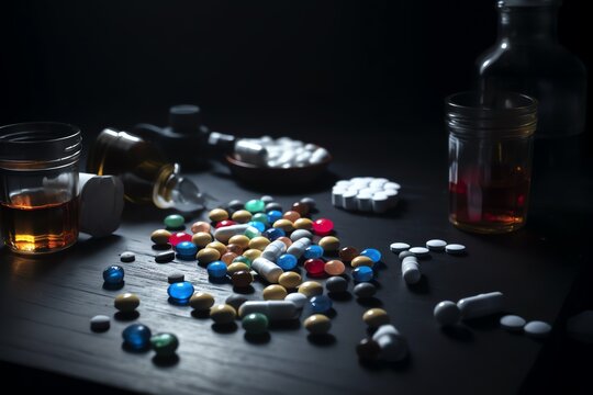 Drugs and pills on the dark table. Drugs illegal. Drug addiction concept. Drug abuse. Generative AI
